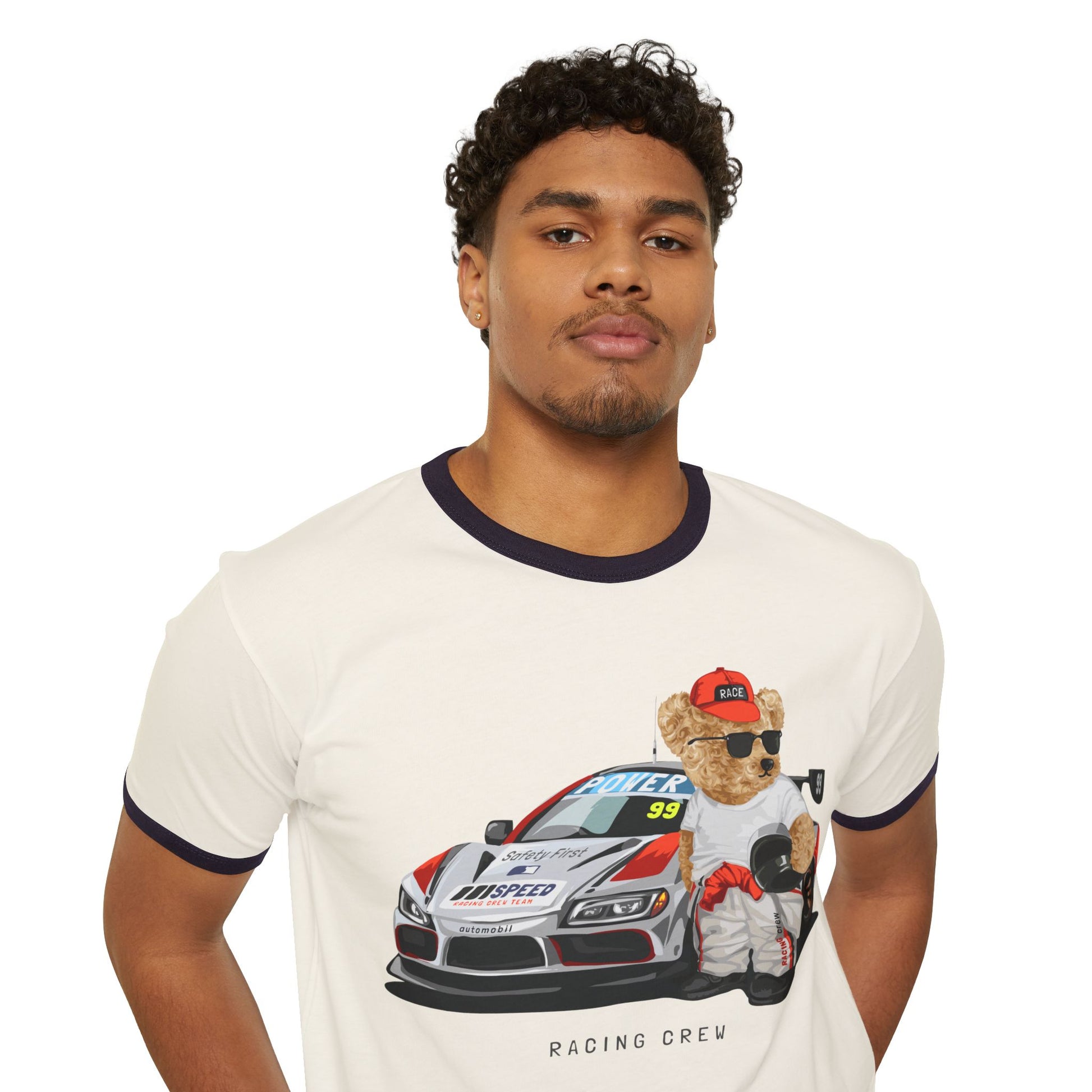 Racing Bear Unisex Cotton Ringer T-Shirt - Funny, Casual Wear, Gift for Car Lovers, Birthday Gift, Motorsport Apparel