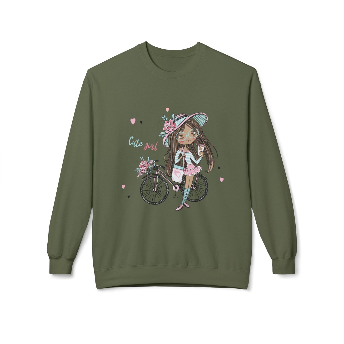 Cute Girl on Bicycle Sweatshirt, Cozy Fleece Crewneck, Spring Fashion, Gift for Her, Casual Sweatshirt, Cartoon Design Military Green