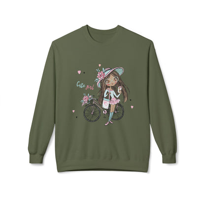 Cute Girl on Bicycle Sweatshirt, Cozy Fleece Crewneck, Spring Fashion, Gift for Her, Casual Sweatshirt, Cartoon Design Military Green