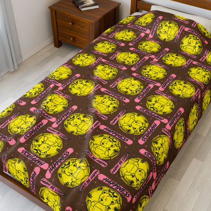 "Happiness" Positive Quote Velveteen Plush Blanket – Soft Brown Throw with Yellow Bear – Feel-Good Streetwear Home Decor 60" × 80"