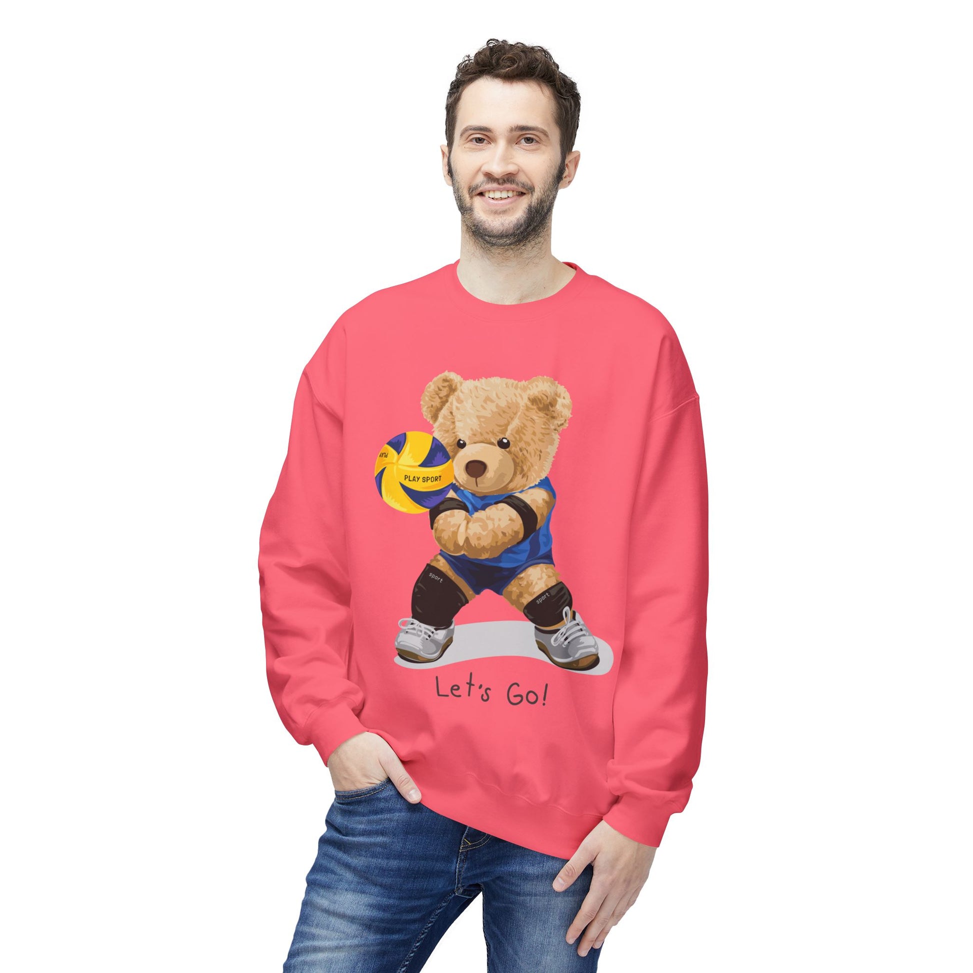 Cheerful Volleyball Bear Crewneck Sweatshirt, Cozy Fleece Top, Cute Sports Apparel, Unisex Gift for Athletes, Casual Wear, Let's Go!