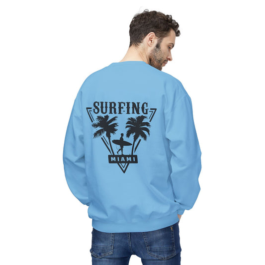 Miami Surfing Sweatshirt, Unisex Sweatshirt, Beach Lover Gift, Casual Layering Piece, Summer Vibes Apparel, Surfing Lifestyle Clothing Sky