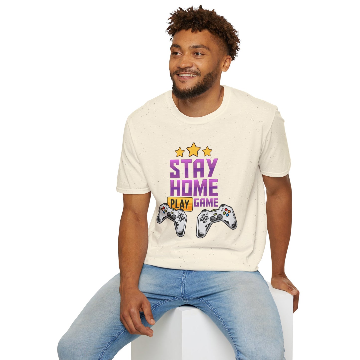 Stay Home Play Game Unisex Softstyle T-Shirt, Gamer Gift, Video Game Tee, Casual Wear, Birthday Present, Gaming Apparel