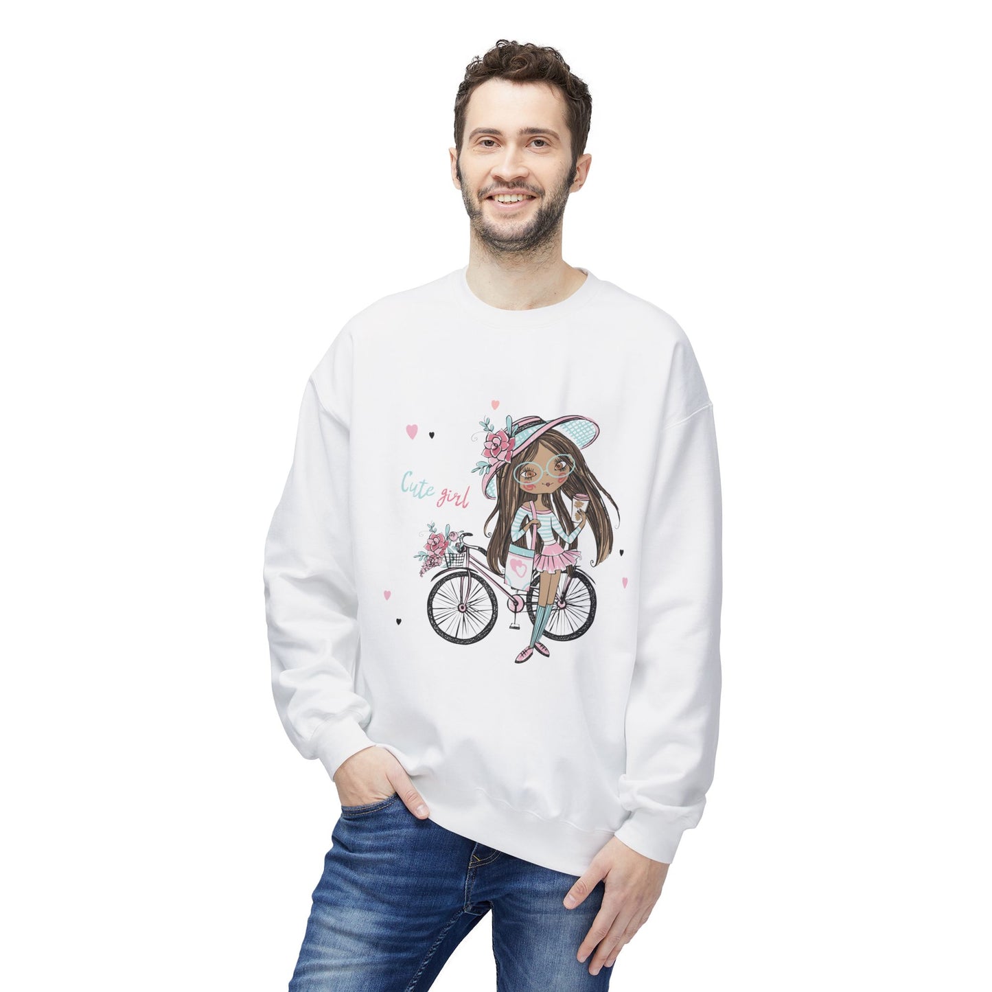 Cute Girl on Bicycle Sweatshirt, Cozy Fleece Crewneck, Spring Fashion, Gift for Her, Casual Sweatshirt, Cartoon Design