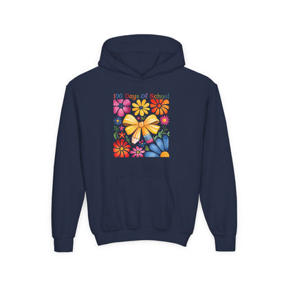 Bright Floral 100 Days of School Youth Hoodie, Colorful Kids Sweatshirt, School Celebration Apparel, Student Gift, Fun Classroom Outfit Navy