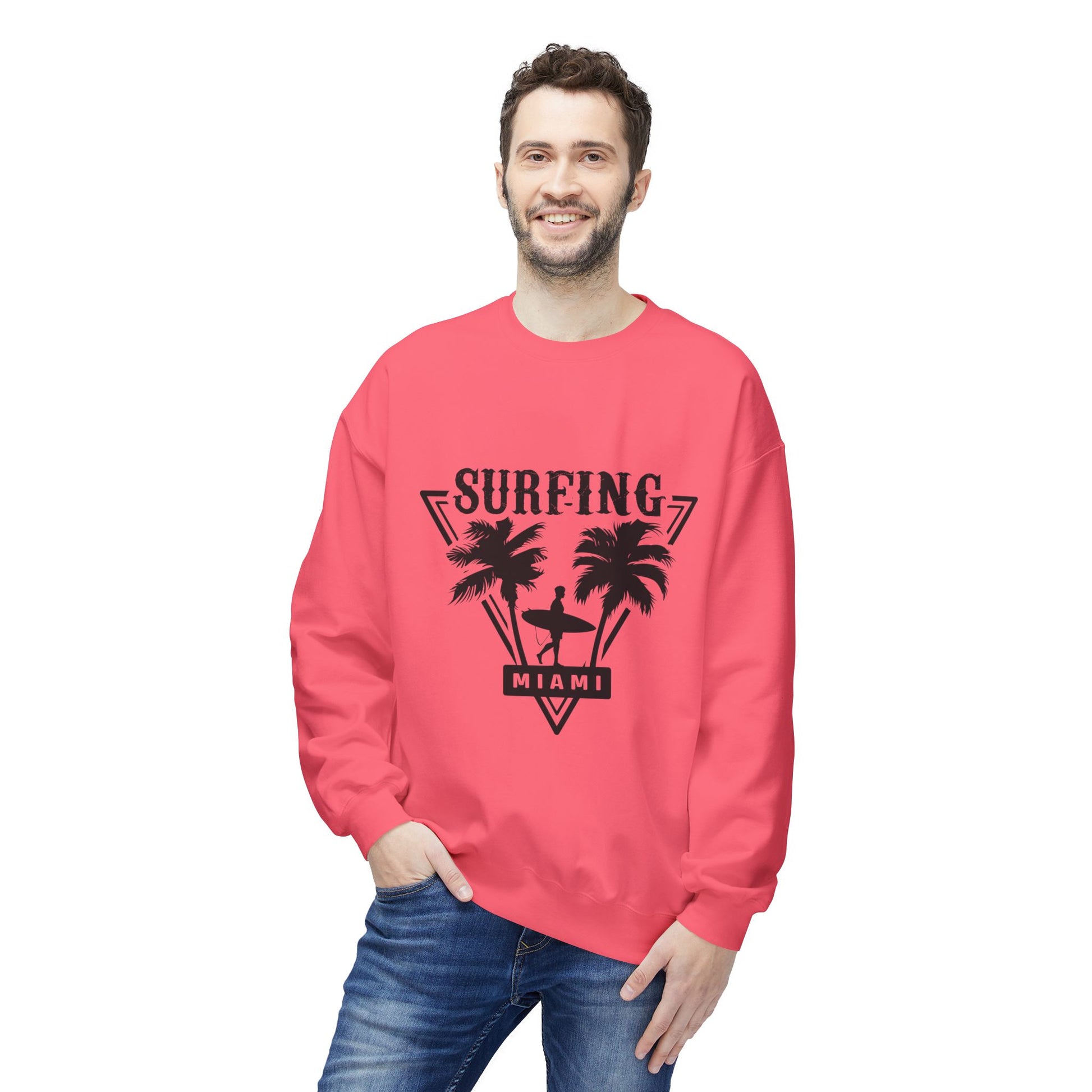 Miami Surfing Sweatshirt, Unisex Sweatshirt, Beach Lover Gift, Casual Layering Piece, Summer Vibes Apparel, Surfing Lifestyle Clothing