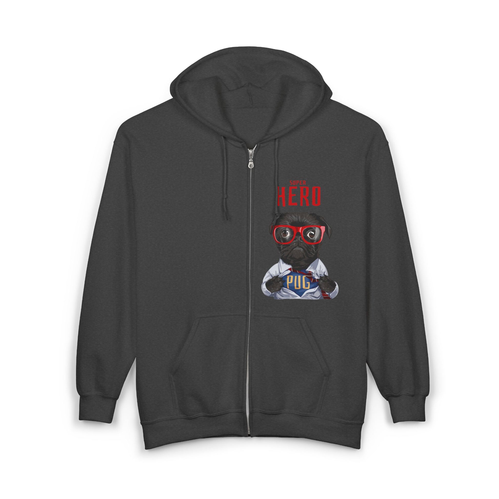 Hero Pug Full Zip Hoodie, Unisex Sweatshirt, Pet Lover Gift, Cute Hoodie, Dog Lover Apparel, Birthday Present, Funny Sweatshirt