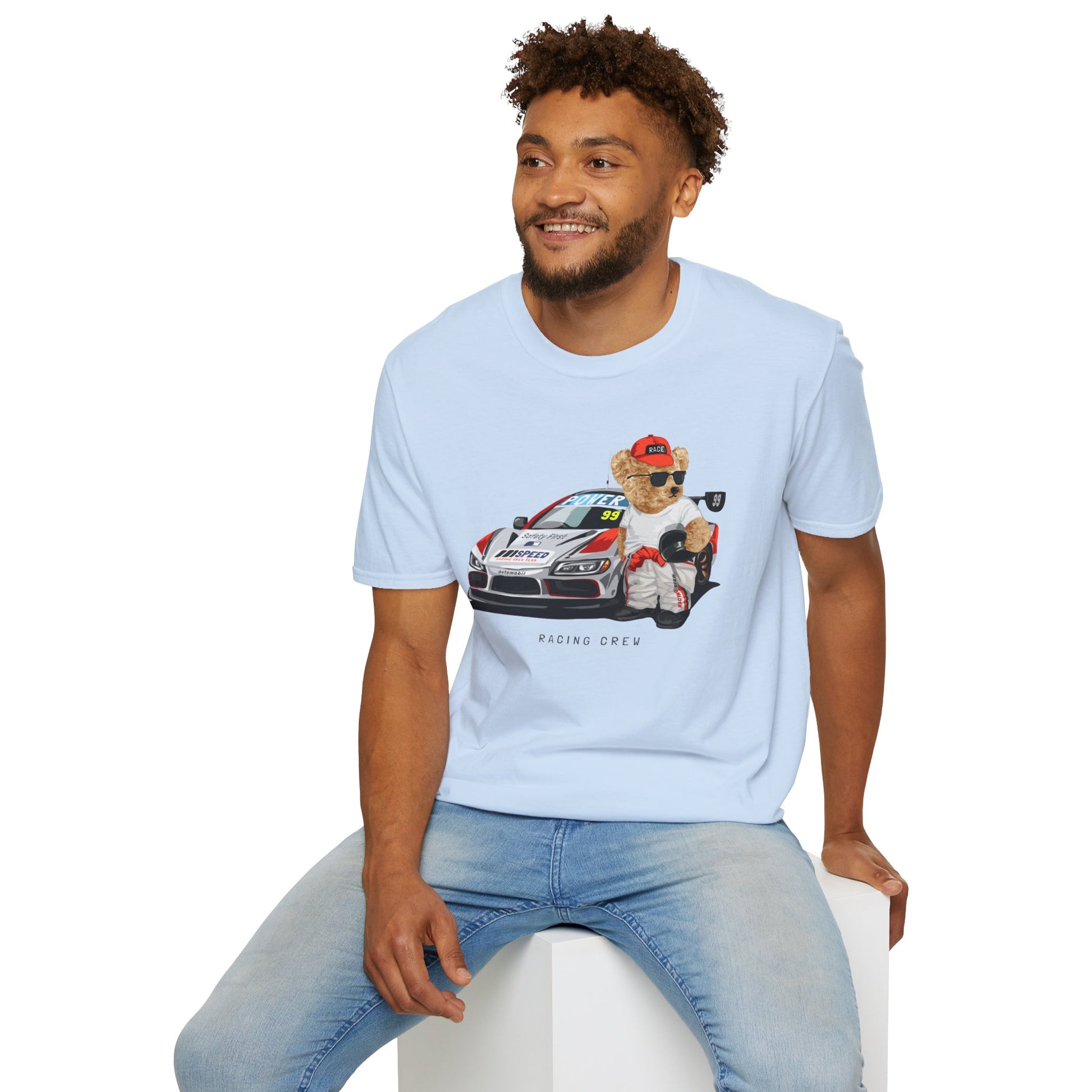 Racing Bear Unisex T-Shirt, Cute Animal Apparel, Car Lovers Gift, Fun Racing Shirt, Gift for Him/Her