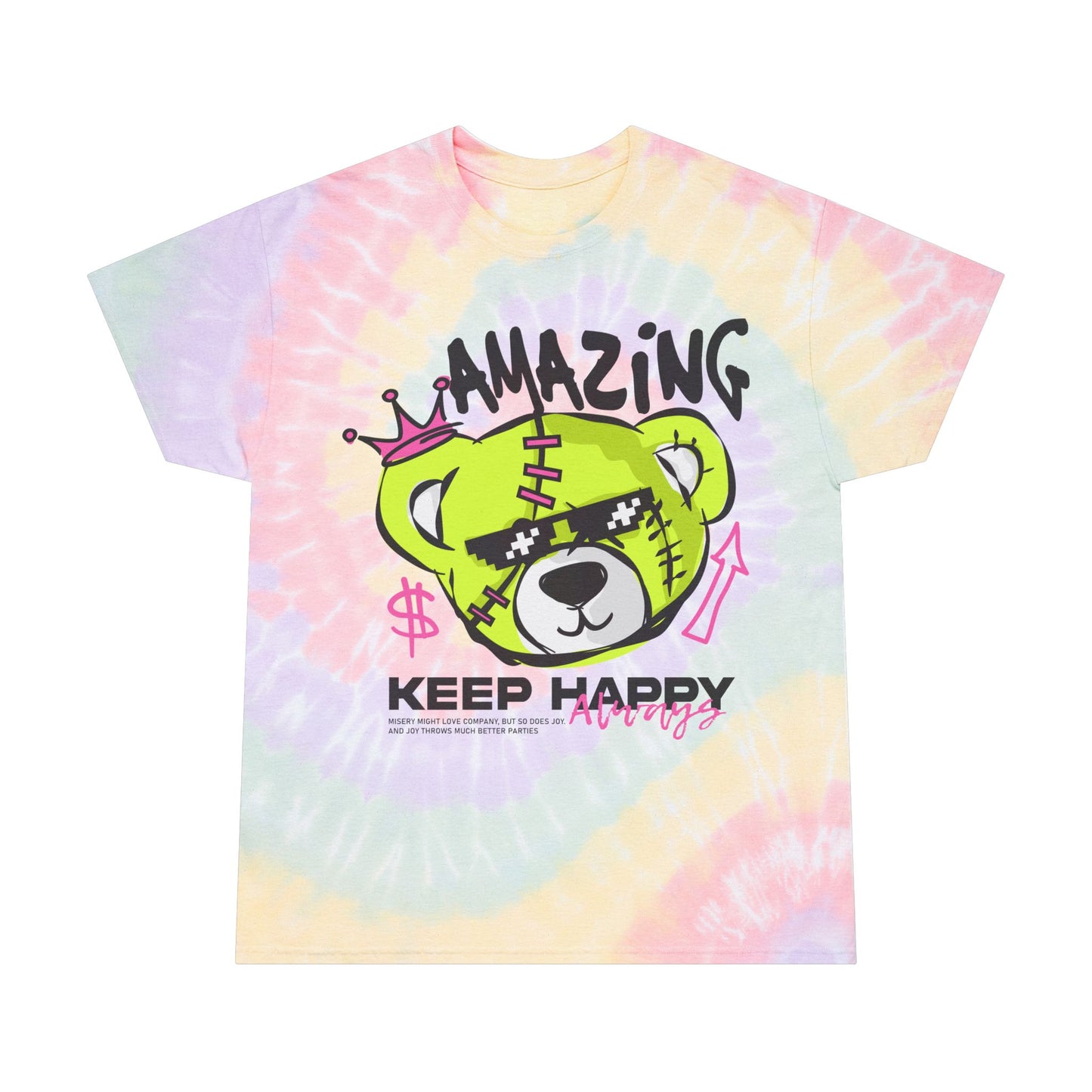 Unisex "Amazing" Tie Dye T-Shirt – Streetwear Graphic Tee with Green Bear & "Keep Happy" Positive Quote – Soft Cotton Pastel Shirt