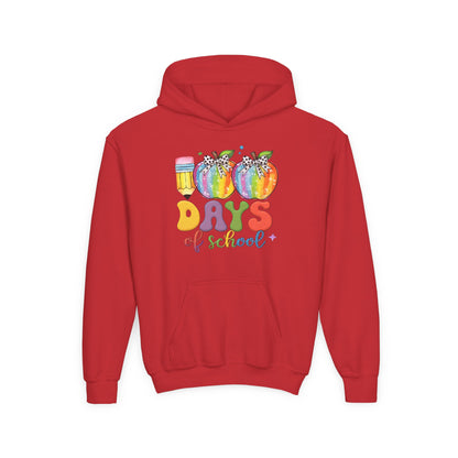 Colorful 100 Days of School Hoodie for Kids, Fun Sweatshirt for Students, Back to School Gift, Rainbow Apple Design, Classroom Red