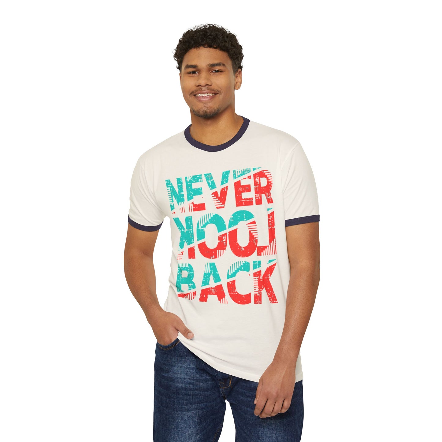 Retro Ringer T-Shirt - 'Never Look Back' Statement Tee, Casual Wear, Vintage Style, Gift for Friends, Motivational Shirt