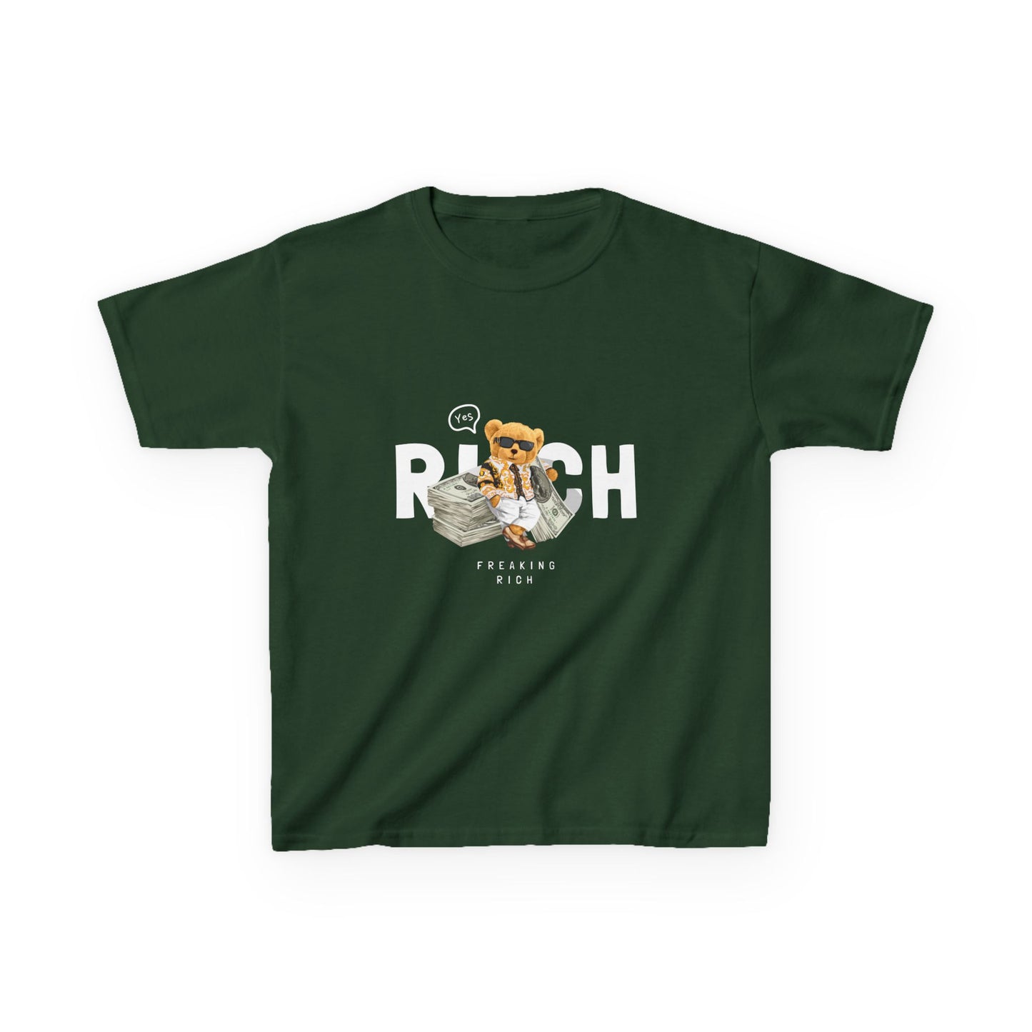 Kids Graphic Tee featuring Cute Rich Cat Design, Fun Gift for Kids, Birthday Present, Cotton T-Shirt for Casual Wear, Animal Lover Apparel Forest Green