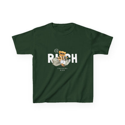 Kids Graphic Tee featuring Cute Rich Cat Design, Fun Gift for Kids, Birthday Present, Cotton T-Shirt for Casual Wear, Animal Lover Apparel Forest Green