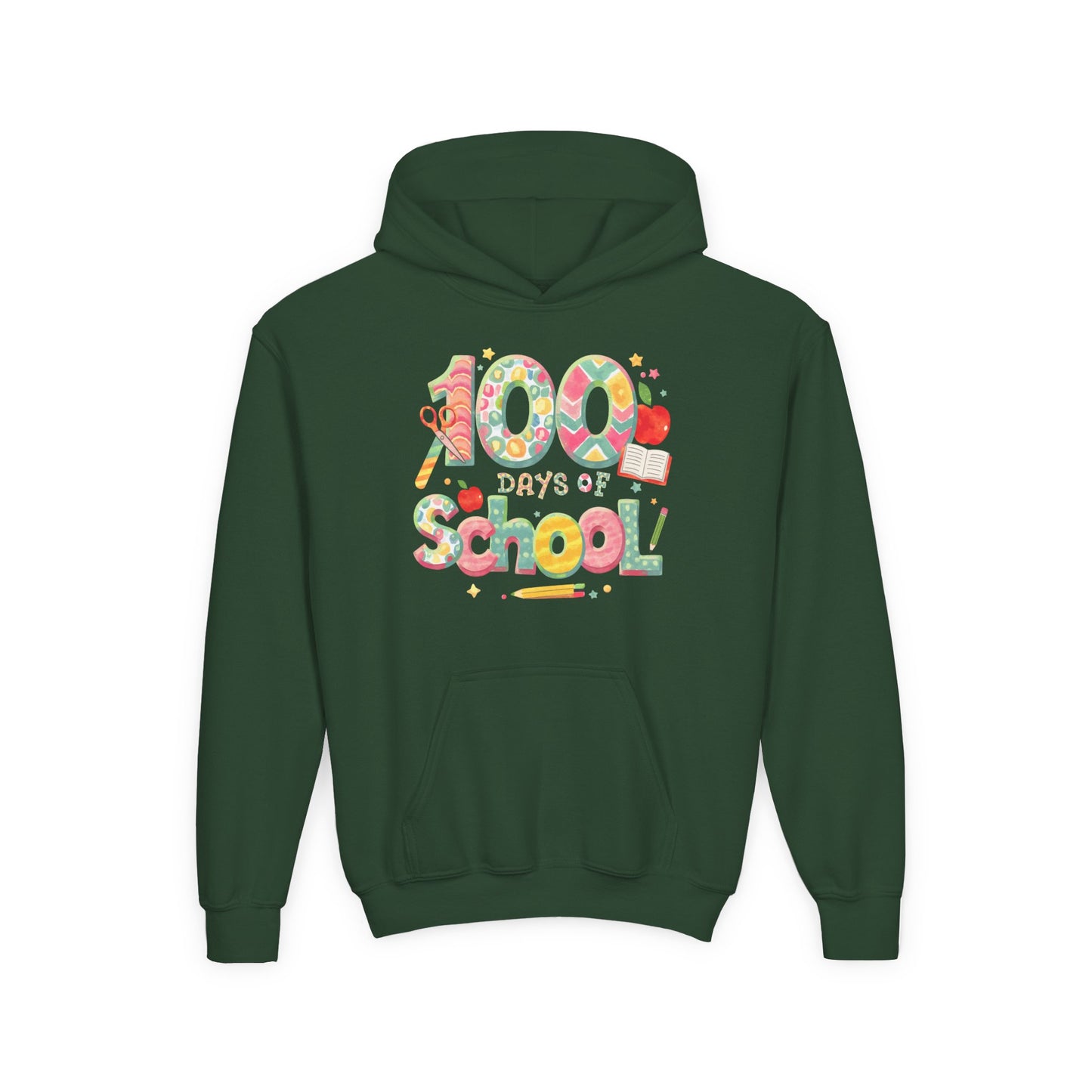 100 Days of School Youth Hoodie, Colorful School Spirit Sweatshirt, Kids Celebration Hoodie, Perfect for School Events, Fun Memory Gear Forest Green