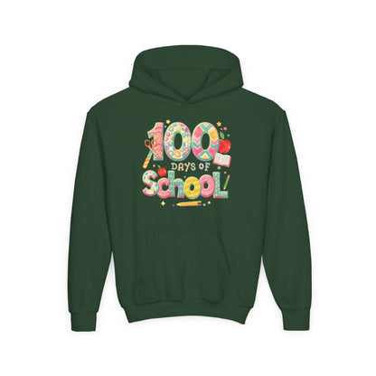 100 Days of School Youth Hoodie, Colorful School Spirit Sweatshirt, Kids Celebration Hoodie, Perfect for School Events, Fun Memory Gear Forest Green