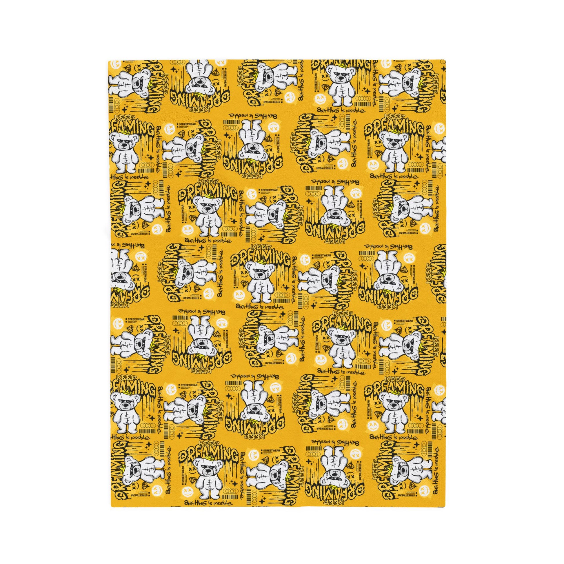 "Keep Dreaming" Inspirational Plush Blanket – Soft Velveteen Throw with Teddy Bear – Yellow Streetwear Home Decor