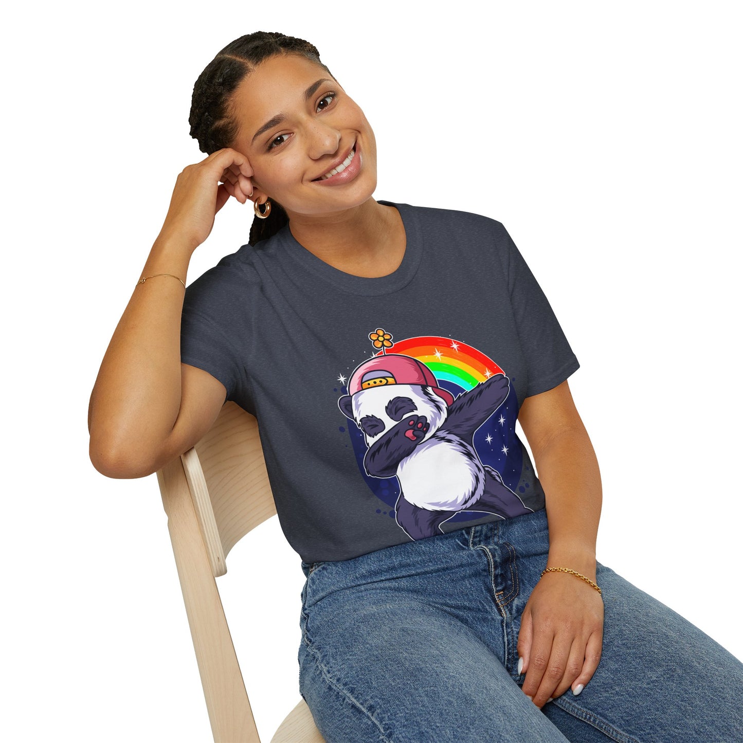 Rainbow Panda Unisex Softstyle T-Shirt, Cute Panda Tee, Gift for Animal Lovers, Fun Casual Wear, Birthday Present, Streetwear Fashion