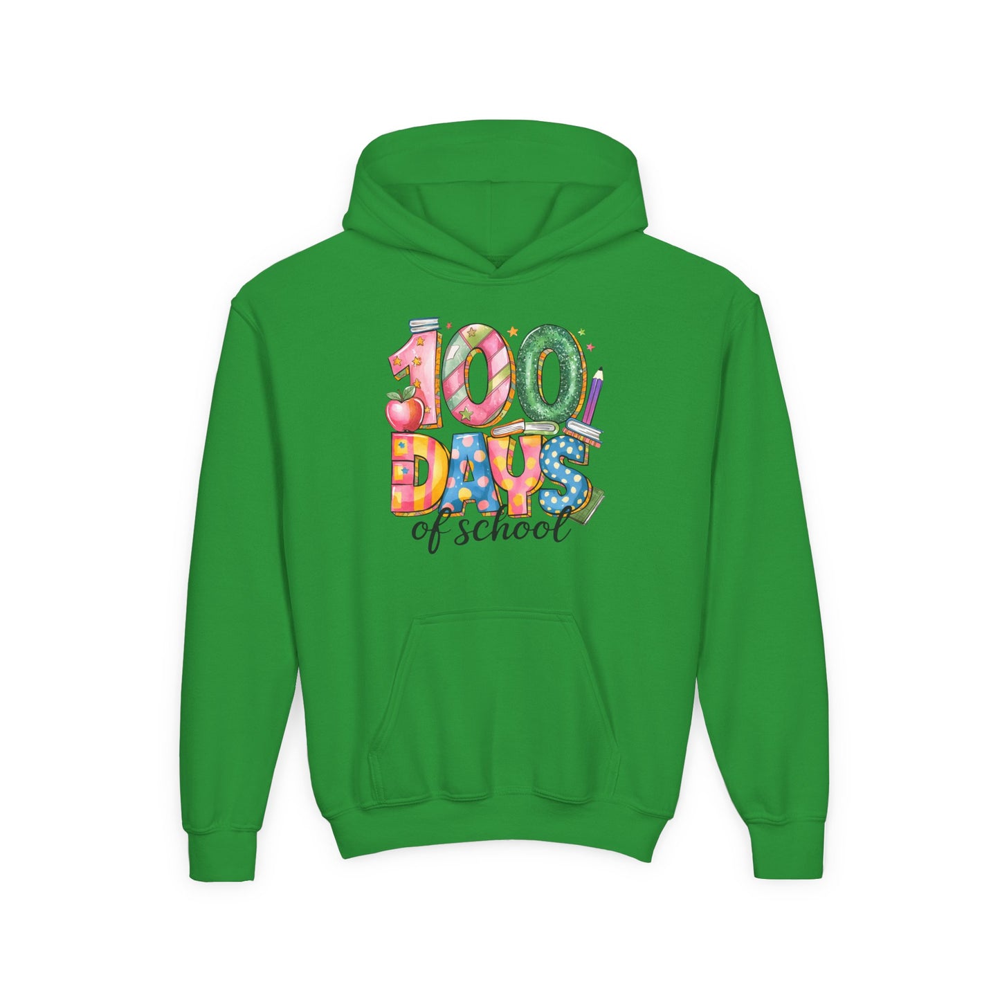 100 Days of School Youth Hoodie, Celebrate Achievement Sweatshirt, Fun Kids Apparel, School Milestone Gift, Classroom Celebration Wear Irish Green