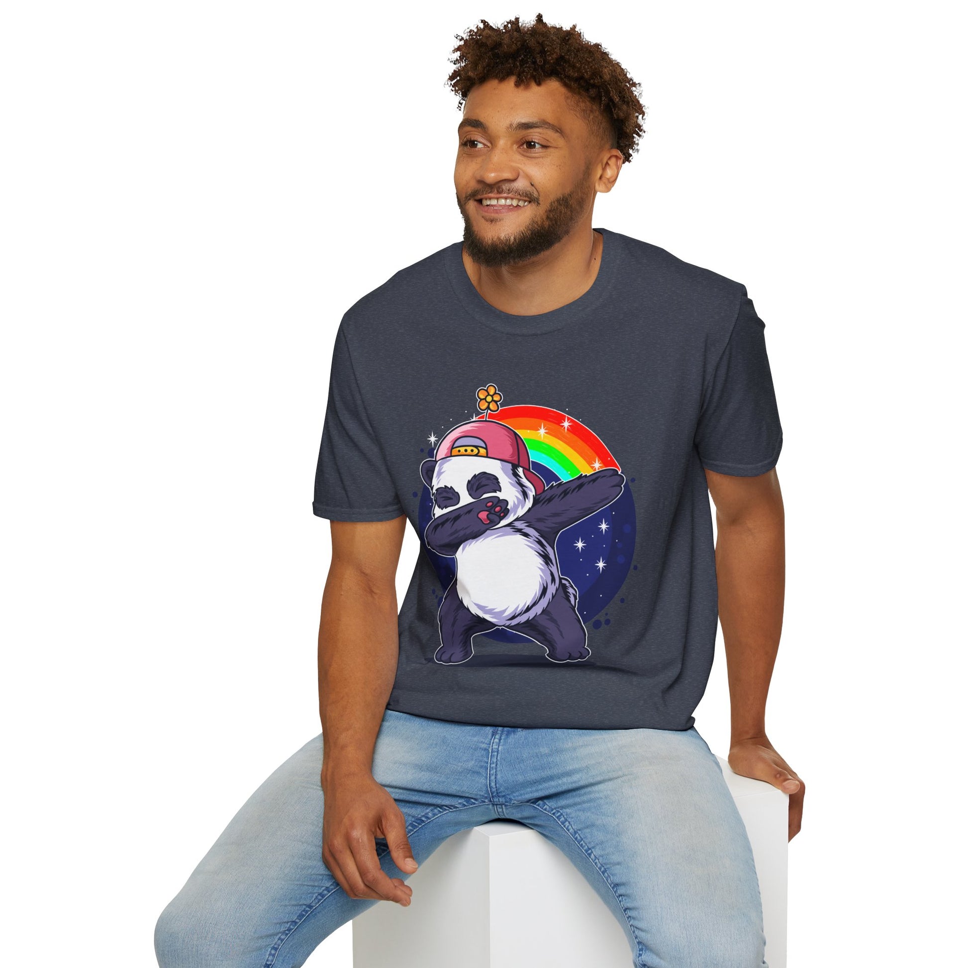 Rainbow Panda Unisex Softstyle T-Shirt, Cute Panda Tee, Gift for Animal Lovers, Fun Casual Wear, Birthday Present, Streetwear Fashion