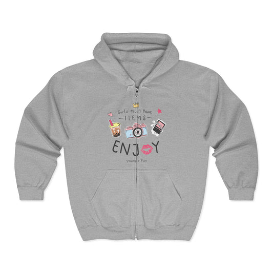 Cozy Enjoyment Zip Hoodie with Fun Design, Gift for Her, Loungewear, Comfortable Hoodie, Relaxation Apparel Sport Grey