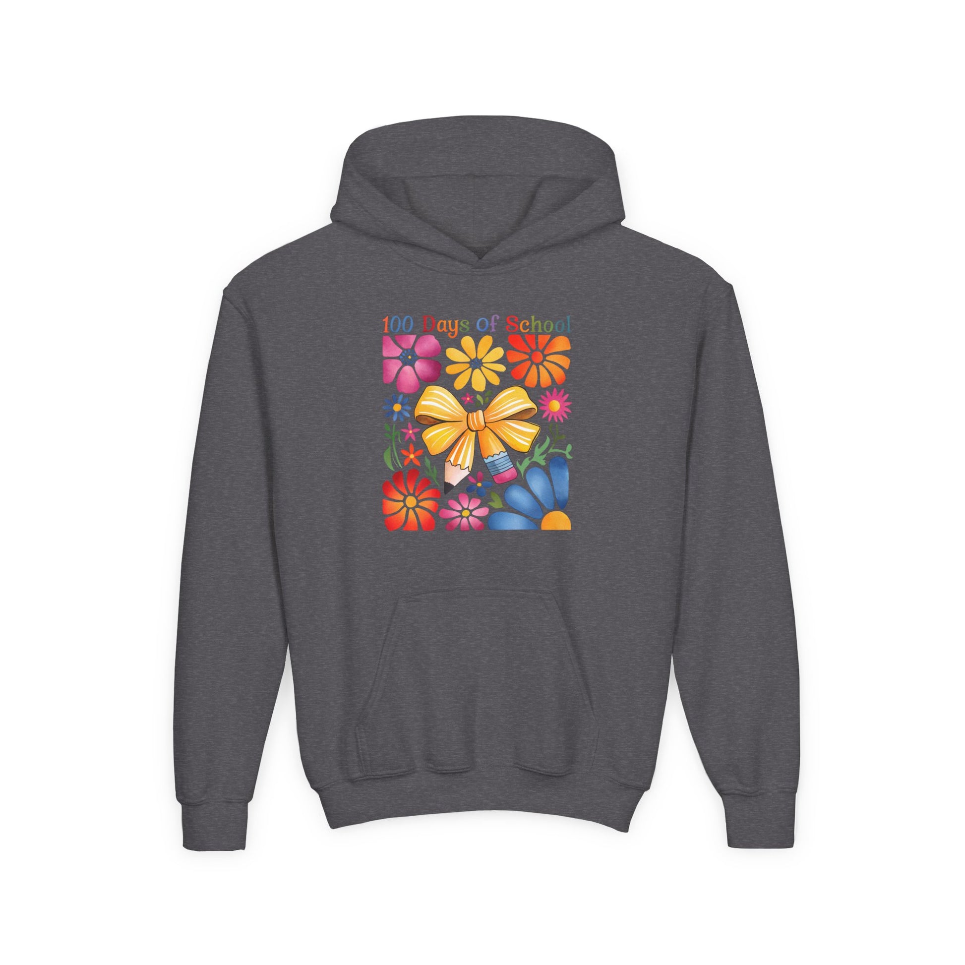 Bright Floral 100 Days of School Youth Hoodie, Colorful Kids Sweatshirt, School Celebration Apparel, Student Gift, Fun Classroom Outfit Dark Heather