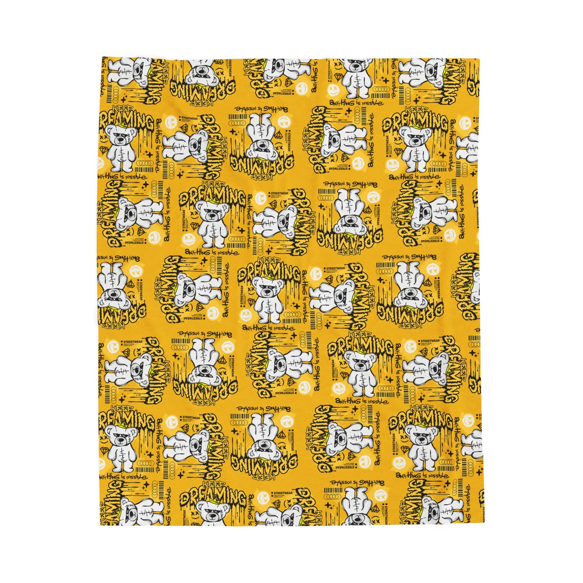 "Keep Dreaming" Inspirational Plush Blanket – Soft Velveteen Throw with Teddy Bear – Yellow Streetwear Home Decor
