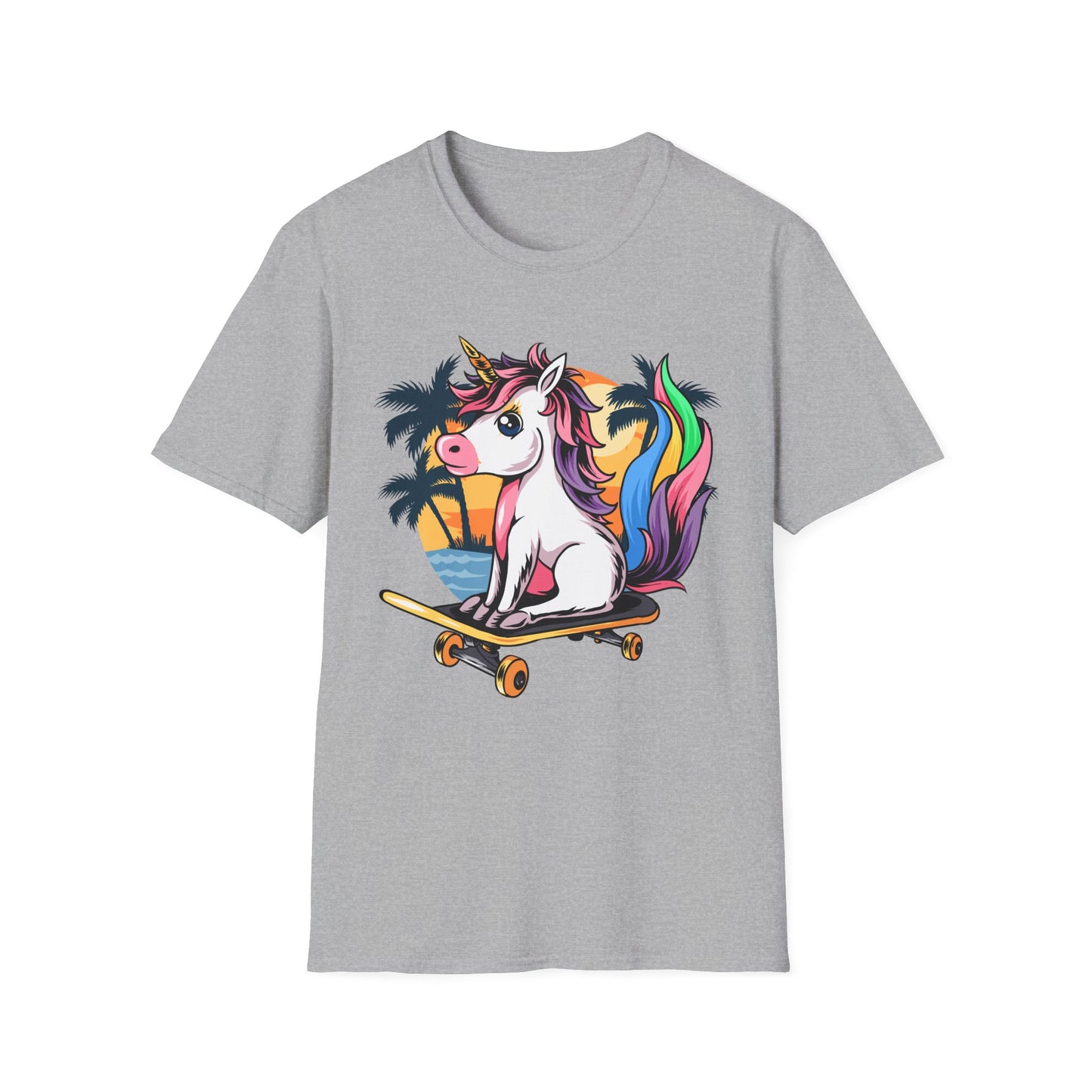 Skateboarding Unicorn T-Shirt, Cute Graphic Tee for Teens, Fun Summer Wear, Gifts for Unicorn Lovers, Beach Day Outfit Sport Grey