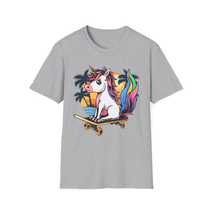 Skateboarding Unicorn T-Shirt, Cute Graphic Tee for Teens, Fun Summer Wear, Gifts for Unicorn Lovers, Beach Day Outfit Sport Grey