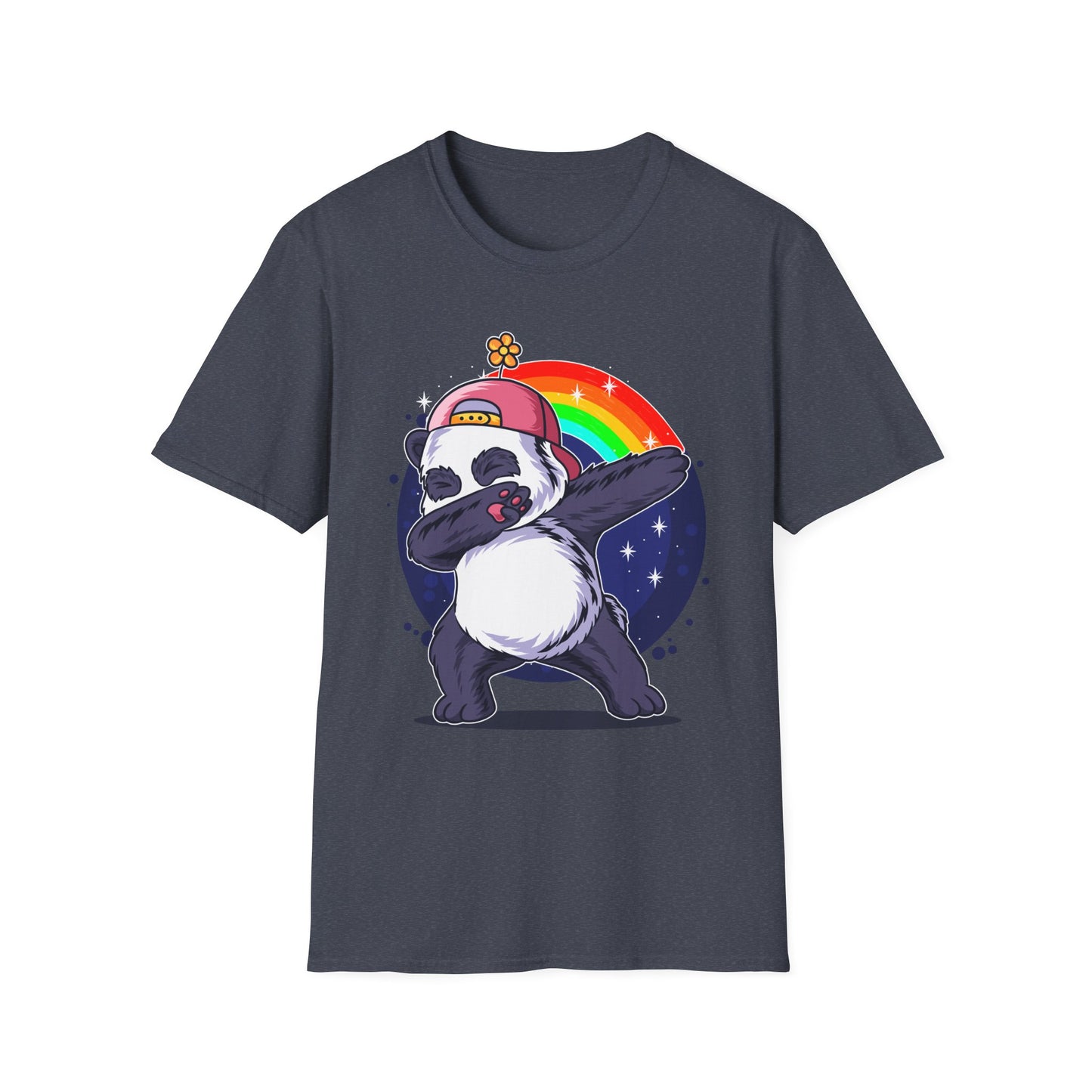 Rainbow Panda Unisex Softstyle T-Shirt, Cute Panda Tee, Gift for Animal Lovers, Fun Casual Wear, Birthday Present, Streetwear Fashion Heather Navy