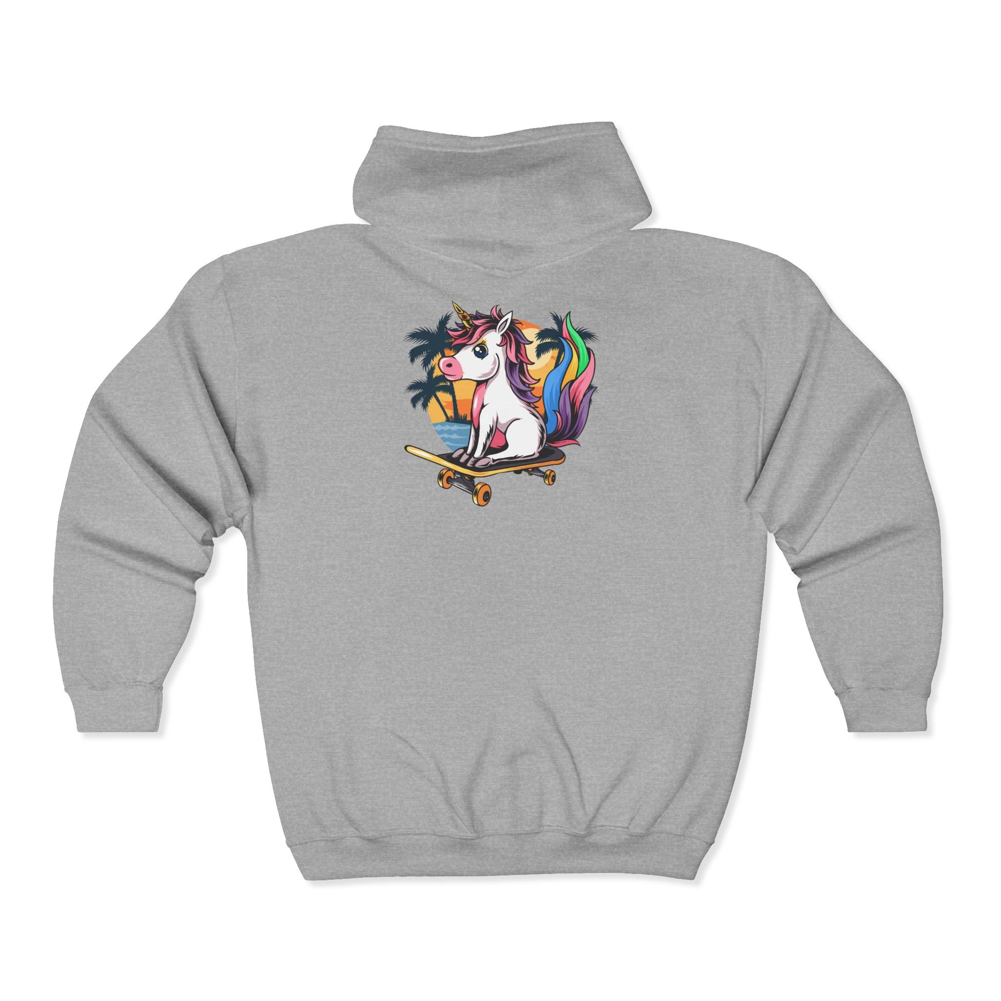Full Zip Hoodie - Rainbow Unicorn on Skateboard Tropical Sunset Design