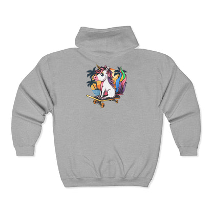 Full Zip Hoodie - Rainbow Unicorn on Skateboard Tropical Sunset Design