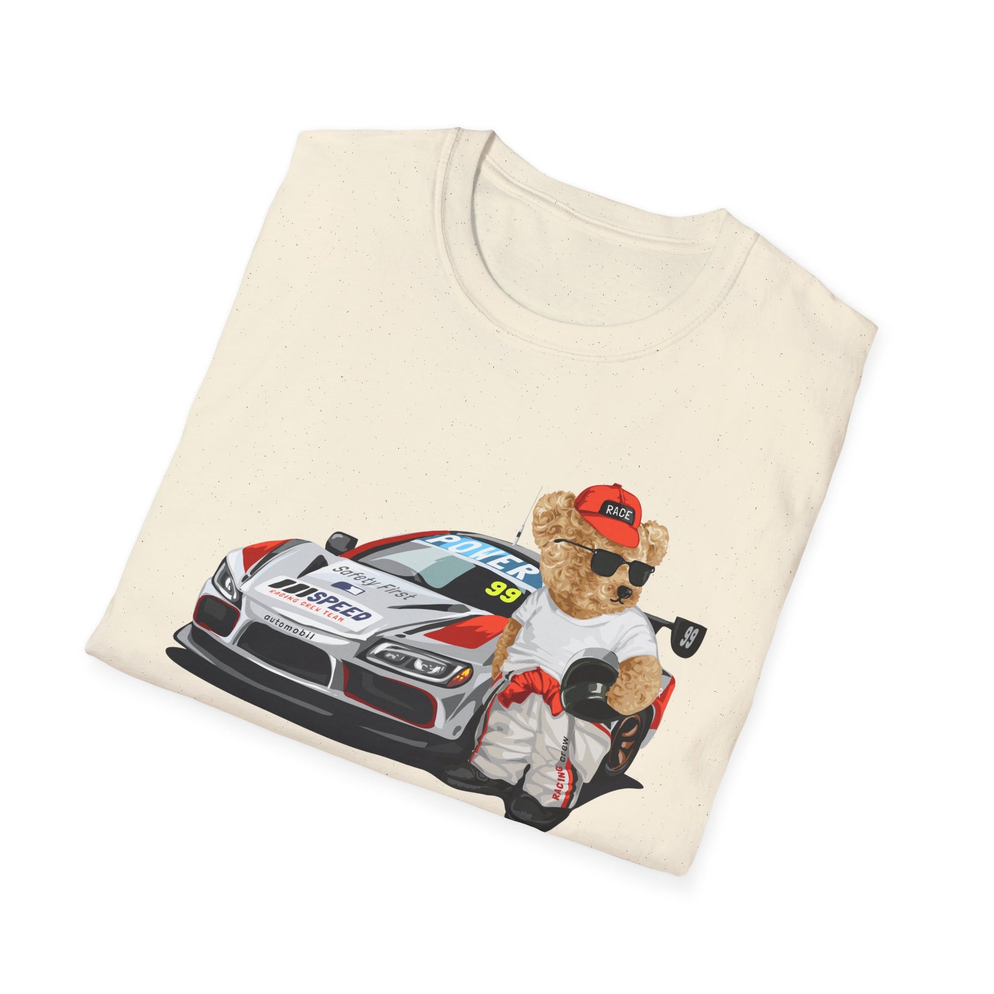 Racing Bear Unisex T-Shirt, Cute Animal Apparel, Car Lovers Gift, Fun Racing Shirt, Gift for Him/Her