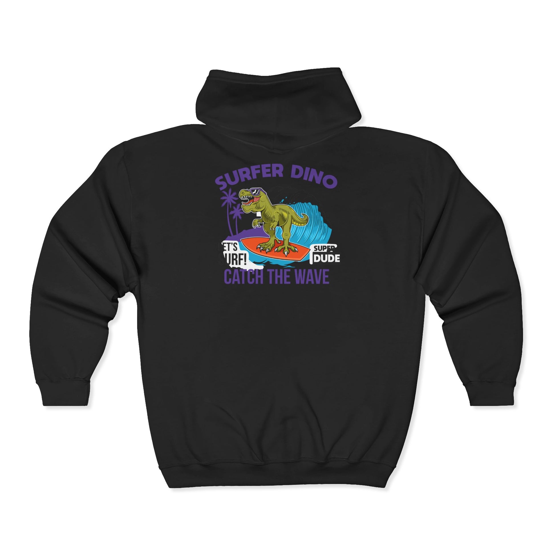 Surfer Dino Full Zip Hoodie - Catch the Wave, Surfing Sweatshirt for Beach Lovers, Gifts for Dino Enthusiasts, Fun Casual Wear
