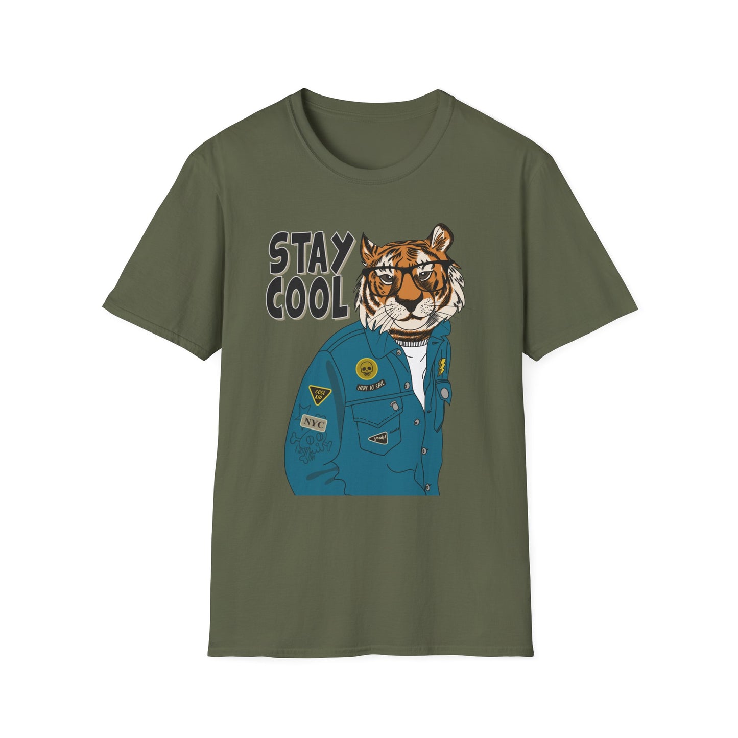 Cool Tiger Graphic T-Shirt | Stay Cool Tee, Unisex Sizes, Casual Wear, Gift for Animal Lovers, Everyday Style Military Green