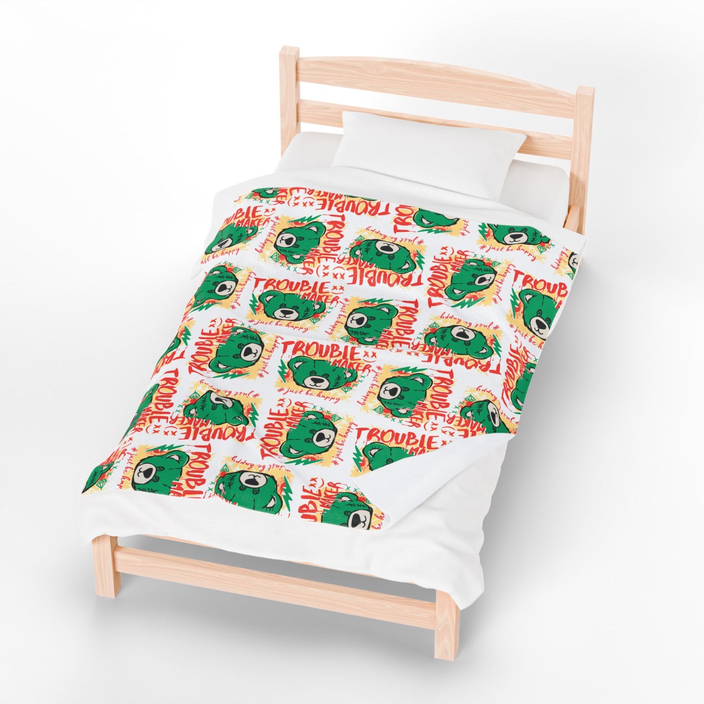 "Trouble Maker" Graphic Velveteen Plush Blanket – Soft White Throw with Green Bear & "Just Be Happy" Quote – Playful Decor