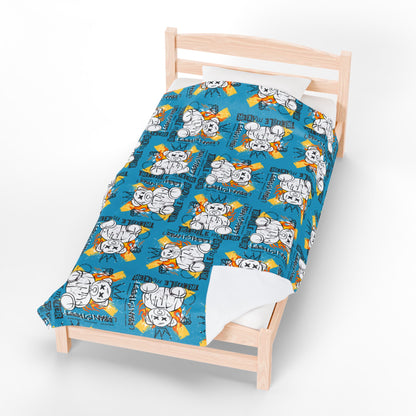 "Trouble Maker" Street Art Velveteen Plush Blanket – Soft Blue Throw with Flaming Bear – Edgy Urban Style Home Decor