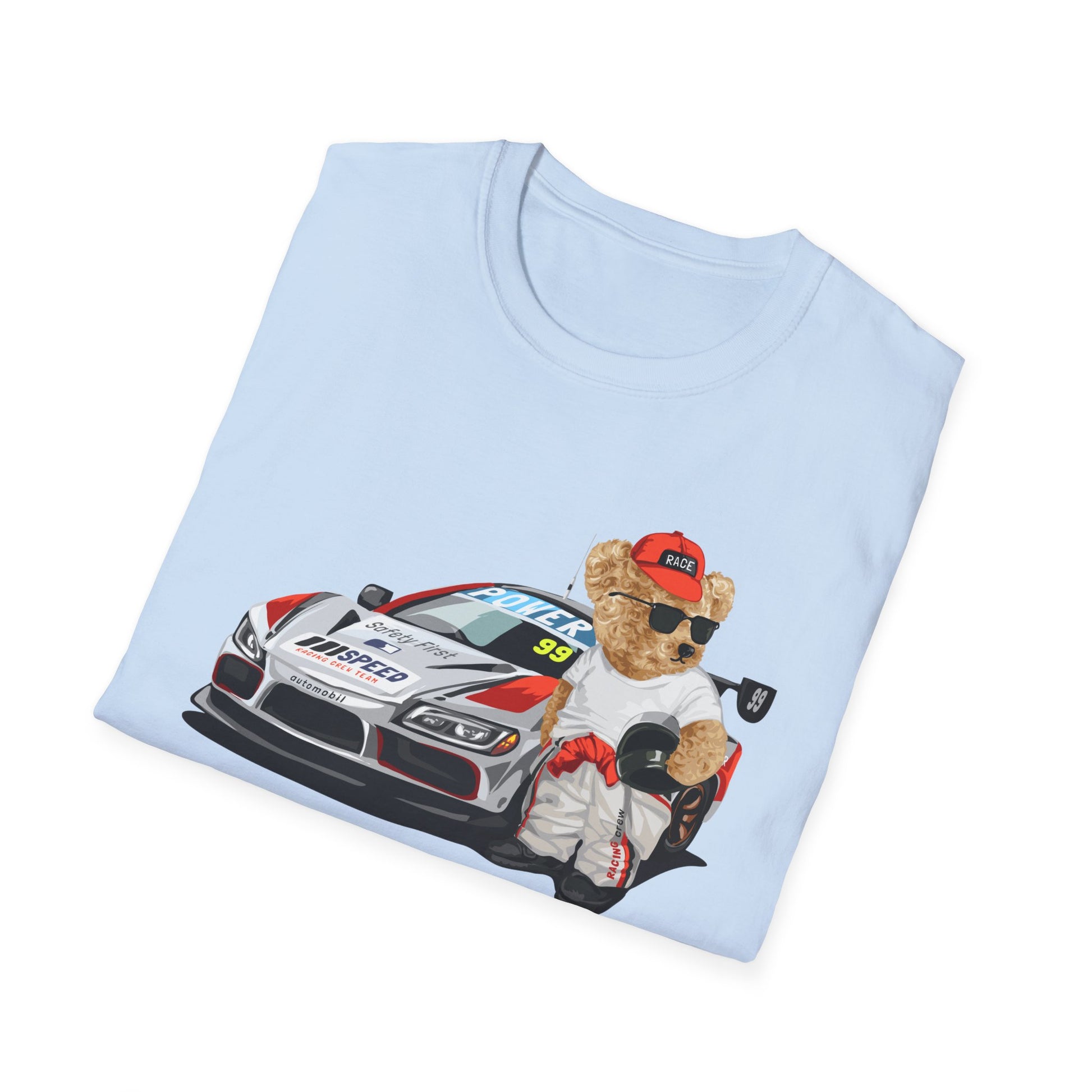 Racing Bear Unisex T-Shirt, Cute Animal Apparel, Car Lovers Gift, Fun Racing Shirt, Gift for Him/Her