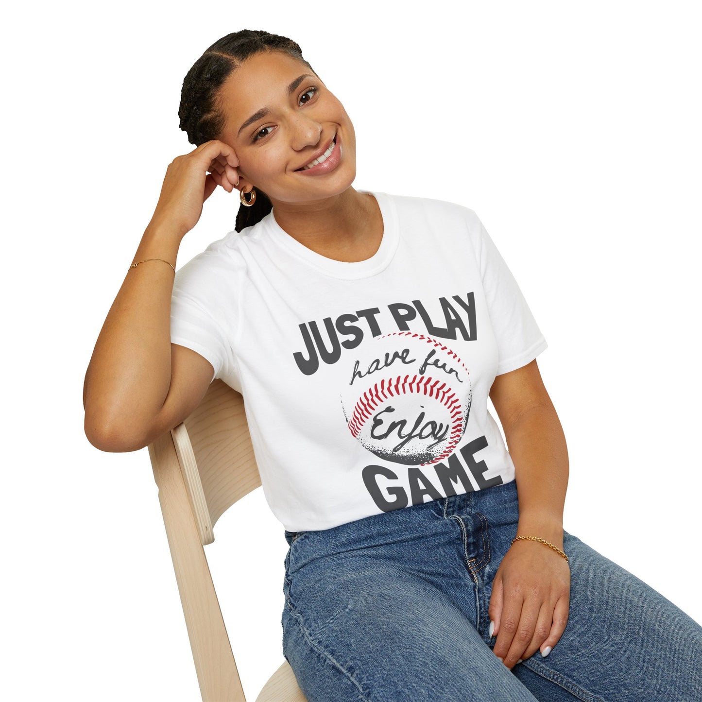 Just Play Game Unisex Softstyle T-Shirt | Fun Gift for Baseball Lovers | Casual Wear, Sports Shirt, Game Day Tee, Gift for Him/Her