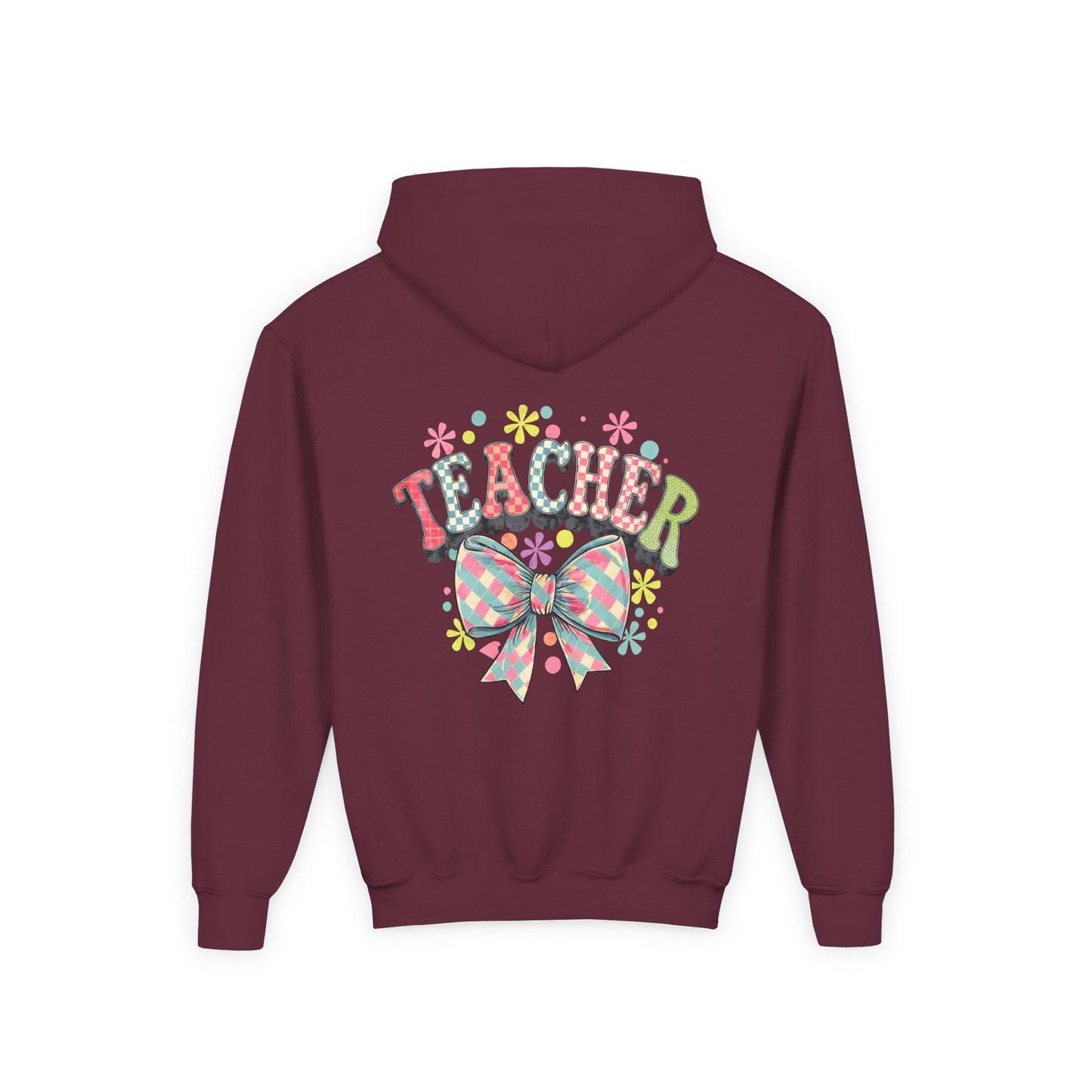 Teacher Hoodie with Colorful Floral Bow Design, Ideal Gift for Educators, School Spirit Wear, Teacher Appreciation, Back to School Maroon