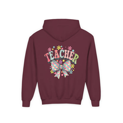 Teacher Hoodie with Colorful Floral Bow Design, Ideal Gift for Educators, School Spirit Wear, Teacher Appreciation, Back to School Maroon