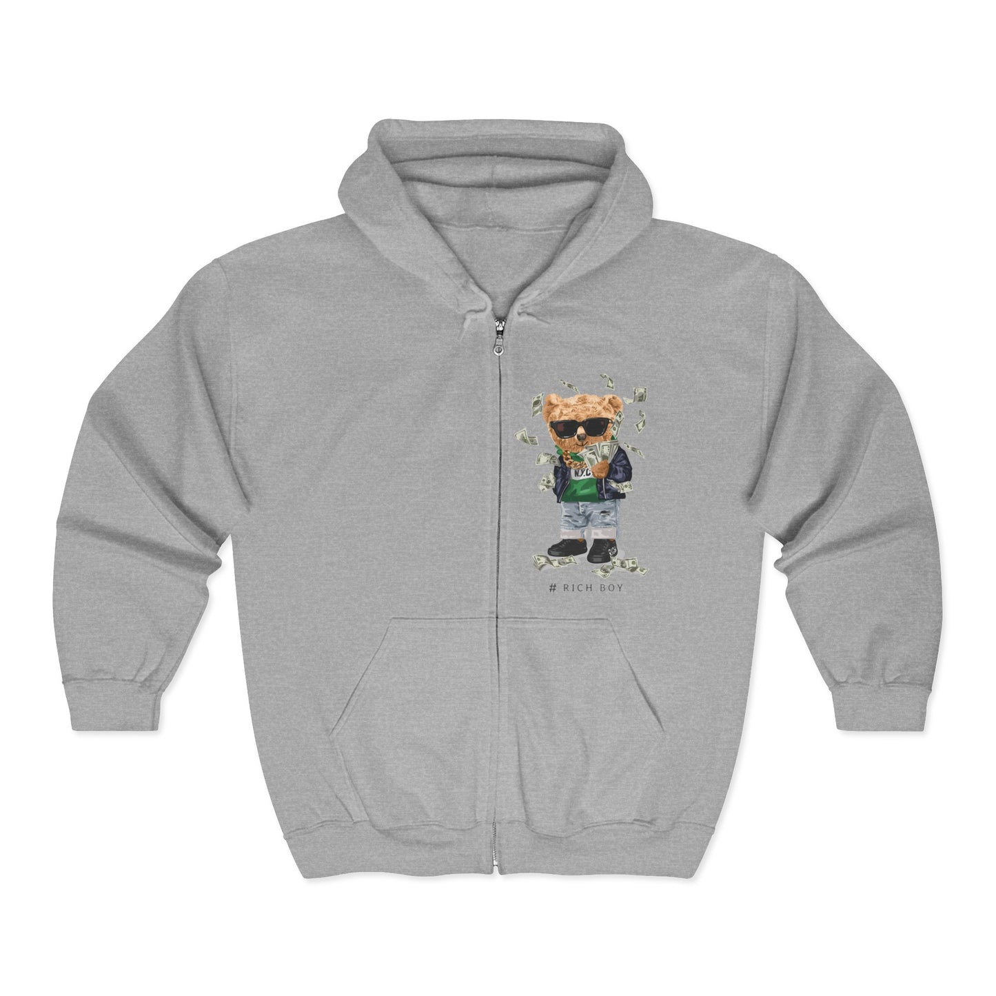 Cool Bear Graphic Zip-Up Hoodie, Unisex Sweatshirt for Casual Wear, Perfect Gift for Cat Lovers, Cozy Comfort for All Seasons, Birthday Sport Grey