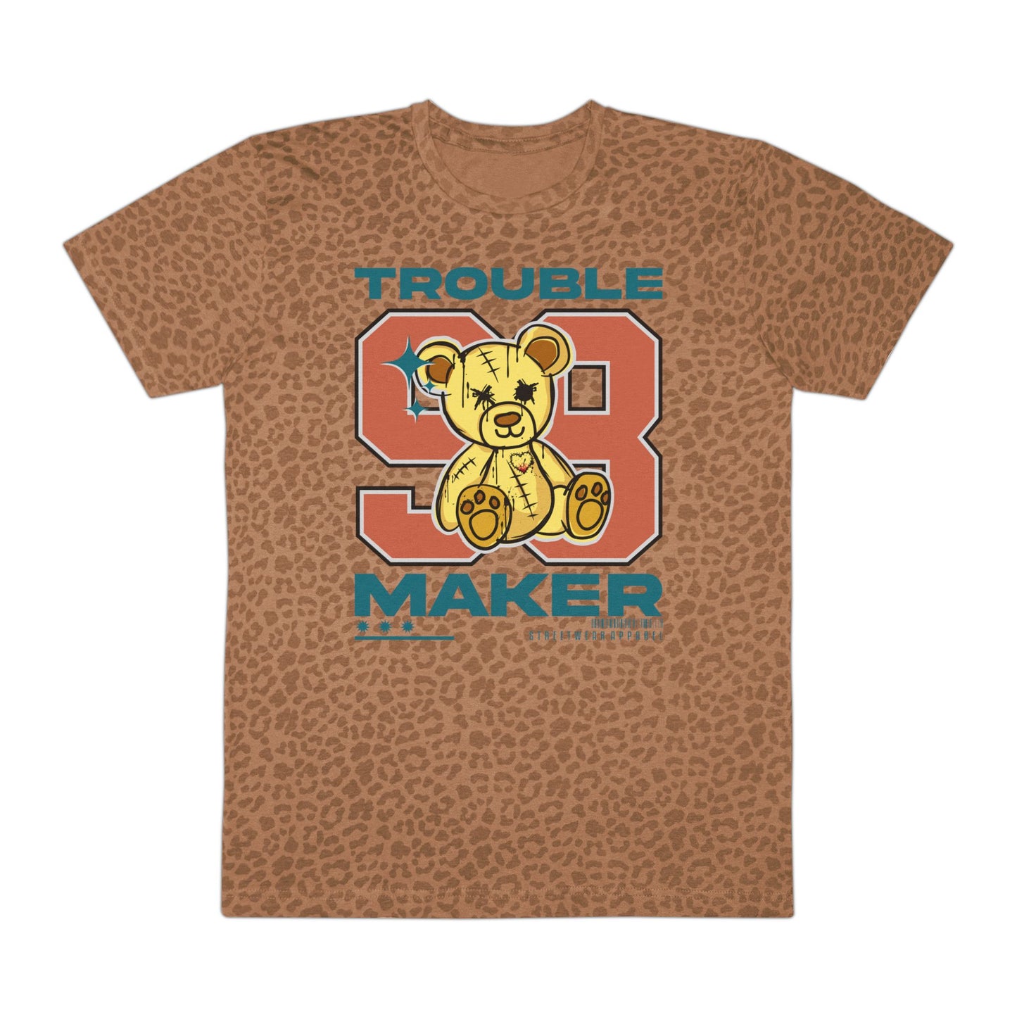 "Trouble Maker" Leopard Print Men's Fine Jersey Tee - Casual T-Shirt for Teens, Unique Gift, Streetwear, Graphic Tee, Fun Summer Style Brown Leopard