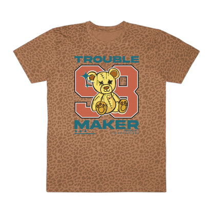 "Trouble Maker" Leopard Print Men's Fine Jersey Tee - Casual T-Shirt for Teens, Unique Gift, Streetwear, Graphic Tee, Fun Summer Style Brown Leopard
