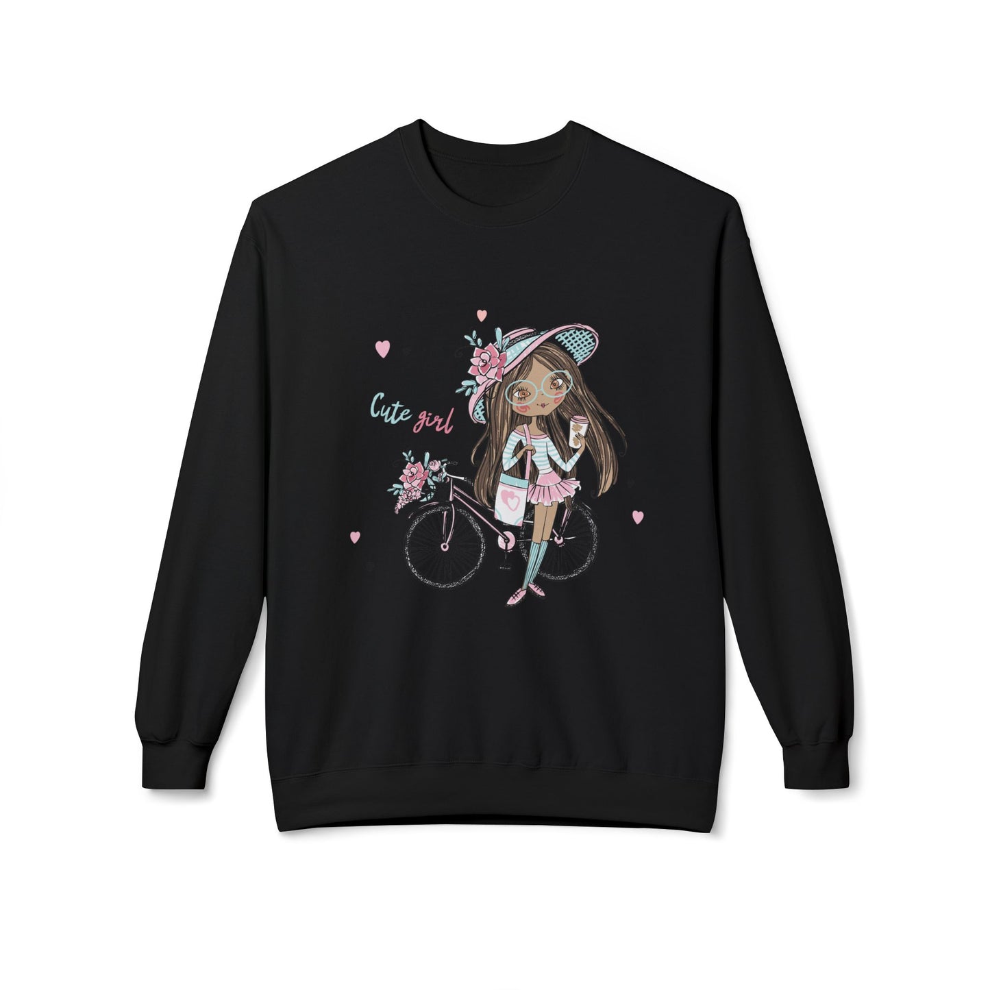 Cute Girl on Bicycle Sweatshirt, Cozy Fleece Crewneck, Spring Fashion, Gift for Her, Casual Sweatshirt, Cartoon Design Black