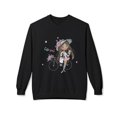 Cute Girl on Bicycle Sweatshirt, Cozy Fleece Crewneck, Spring Fashion, Gift for Her, Casual Sweatshirt, Cartoon Design Black