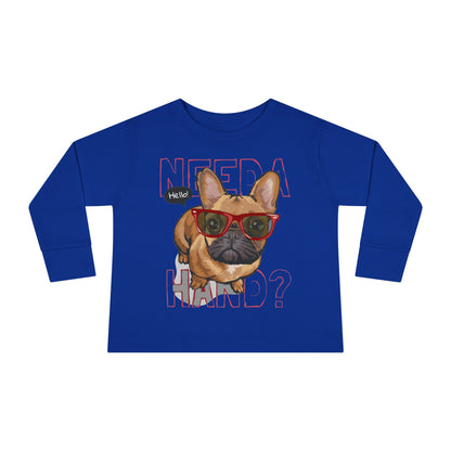 Hello French Bulldog Toddler Tee, Cute Kids Shirt, Toddler Long Sleeve, Dog Lover Gift, Fun Pet Tee, Birthday Outfit, Playdate Wear Royal