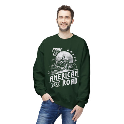 Pride of American Road Crewneck Sweatshirt, Cozy Unisex Fleece Top, Ideal Gift for Bikers, Road Trip Apparel, 1973 Vintage Style