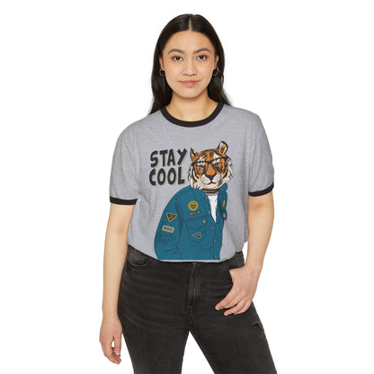 Stay Cool Tiger Ringer T-Shirt, Unisex Vintage Tee, Casual Gift, Animal Lover Apparel, Summer Fashion, Fun Graphic Shirt