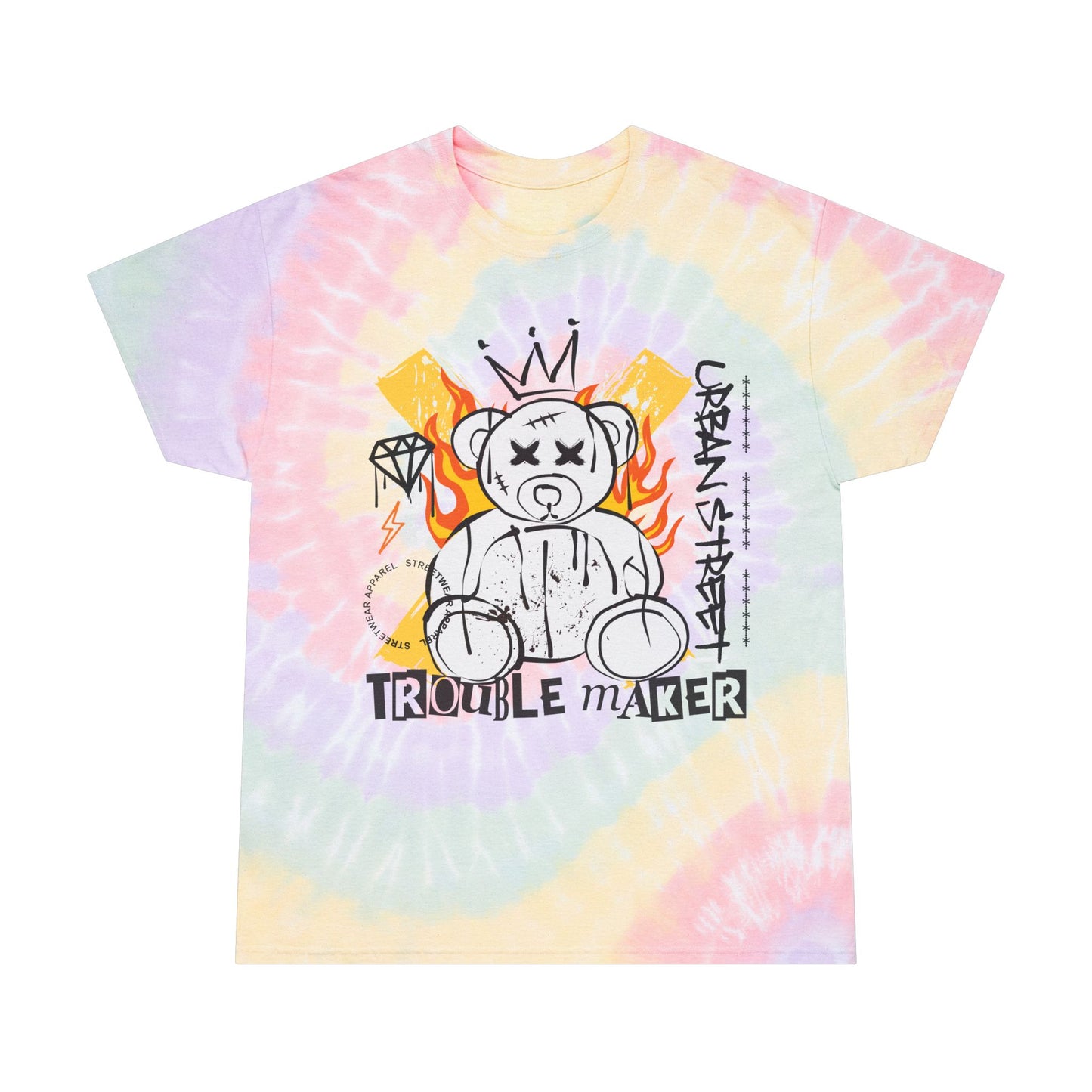 Unisex "Trouble Maker" Tie Dye T-Shirt – Urban Street Art Graphic Tee with Flaming Teddy Bear – Soft Cotton Edgy Style