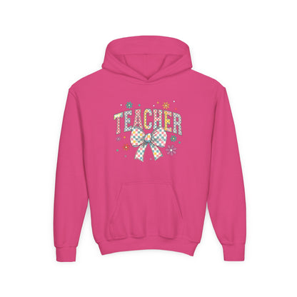 Teacher Appreciation Youth Hooded Sweatshirt - Cute Bow Design, Perfect Gift for Educators, Back to School, Christmas, Birthday Heliconia